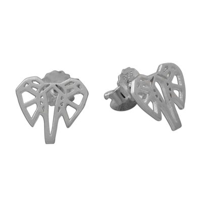 Sterling silver stud earrings, 'Elephant Illusion' - Elephant Stud Earrings Crafted from Brushed Sterling Silver