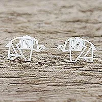 Sterling silver button earrings, 'Elephant Origami'