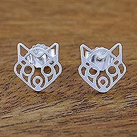 Sterling silver button earrings, 'Wide-Eyed Raccoon' - Raccoon Themed Sterling Silver Button Earrings