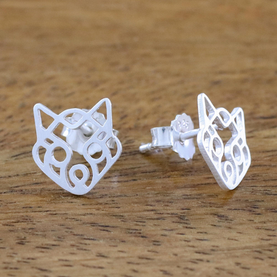 Sterling silver button earrings, 'Wide-Eyed Raccoon' - Raccoon Themed Sterling Silver Button Earrings