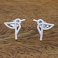 Sterling silver button earrings, 'Hummingbird Aloft' - Hummingbird Sterling Silver Button Earrings