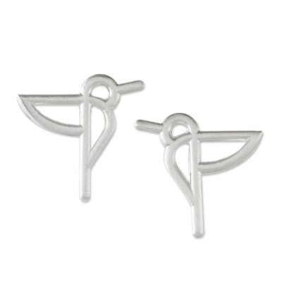 Sterling silver button earrings, 'Hummingbird Aloft' - Hummingbird Sterling Silver Button Earrings