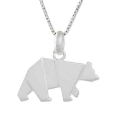 Sterling silver pendant necklace, 'Origami Bear' - Bear Pendant Necklace in Sterling Silver
