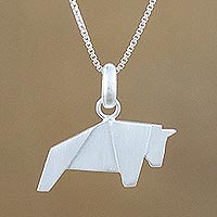 Sterling silver pendant necklace, 'Origami Bull' - Bull Necklace Hand Crafted in Brushed Sterling Silver