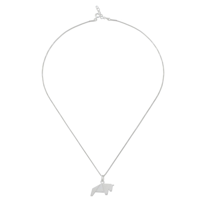 Sterling silver pendant necklace, 'Origami Bull' - Bull Necklace Hand Crafted in Brushed Sterling Silver