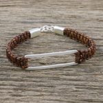 Sterling silver pendant bracelet, 'Open Window in Brown' - Sterling Silver Pendant Bracelet with Leather Macrame