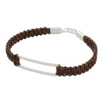 Sterling silver pendant bracelet, 'Open Window in Brown' - Sterling Silver Pendant Bracelet with Leather Macrame