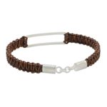 Sterling silver pendant bracelet, 'Open Window in Brown' - Sterling Silver Pendant Bracelet with Leather Macrame