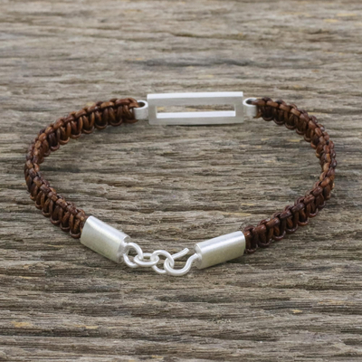 Sterling silver pendant bracelet, 'Good Form in Brown' - Unisex Bracelet Crafted from Brown Leather and Silver