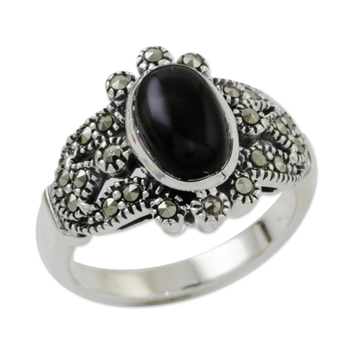 Onyx and marcasite cocktail ring, 'Belle Epoque' - Marcasite and Onyx Cocktail Ring from Thailand