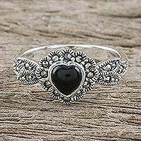 Onyx and marcasite cocktail ring, 'Age of Romance' - Heart Shaped Onyx and Marcasite Cocktail Ring