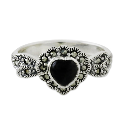 Heart Shaped Onyx and Marcasite Cocktail Ring