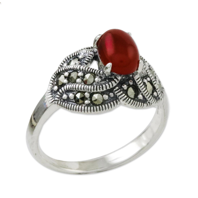 Onyx and marcasite cocktail ring, 'Victorian Charm' - Marcasite and Enhanced Onyx Cocktail Ring from Thailand