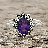 Amethyst and marcasite cocktail ring, 'Victorian Crown' - Artisan Crafted Silver Ring with Amethyst and Marcasite