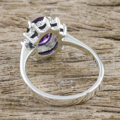 Amethyst and marcasite cocktail ring, 'Victorian Crown' - Artisan Crafted Silver Ring with Amethyst and Marcasite