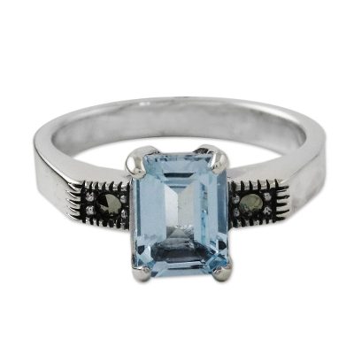 Blue topaz and marcasite cocktail ring, 'Victorian Romance' - Hand Crafted Blue Topaz and Marcasite Cocktail Ring