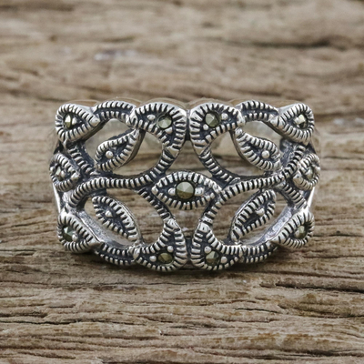 Marcasite cocktail ring, 'Victorian Lace' - Marcasite Band Ring in Sterling Silver from Thailand