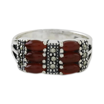 Onyx and marcasite cocktail ring, 'Victorian Passion' - Elegant Marcasite and Enhanced Red-Orange Onyx Ring