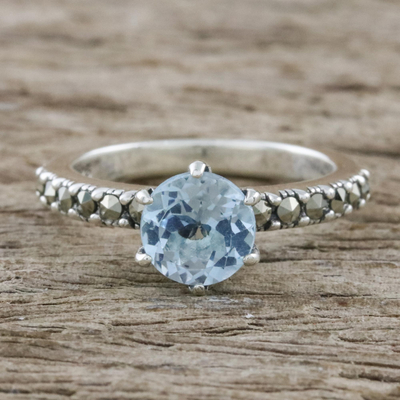 Blue topaz and marcasite solitaire ring, 'Victorian Soliloquy' - Solitaire Ring with Three-Carat Blue Topaz and Marcasite