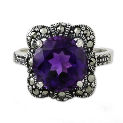 Amethyst and marcasite cocktail ring, 'Victorian Lavender' - Artisan Crafted 3.5 Carat Amethyst and Marcasite Ring