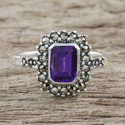 Amethyst and marcasite cocktail ring, Joyous Solitude