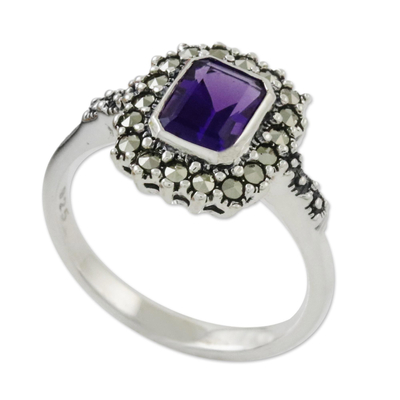 Amethyst and marcasite cocktail ring, 'Joyous Solitude' - Thai Sterling Silver Amethyst Ring with a Marcasite Halo
