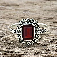 Garnet and marcasite cocktail ring, 'Joyous Solitude'
