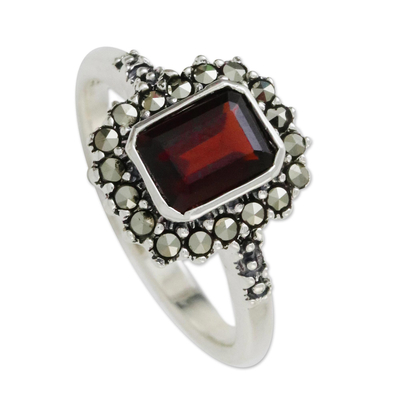 Garnet and marcasite cocktail ring, 'Joyous Solitude' - Garnet and Marcasite Sterling Silver Ring from Thailand