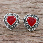Onyx and marcasite button earrings, 'Victorian Heart' - Heart Shaped Enhanced Onyx and Marcasite Button Earrings