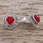 Onyx and marcasite button earrings, 'Victorian Heart' - Heart Shaped Enhanced Onyx and Marcasite Button Earrings