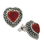Onyx and marcasite button earrings, 'Victorian Heart' - Heart Shaped Enhanced Onyx and Marcasite Button Earrings