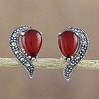 Onyx and marcasite button earrings, 'Victorian Lady' - Button Earrings with Marcasite and Orange-Red Onyx
