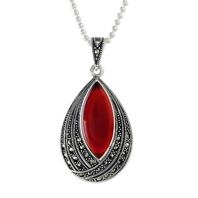 Onyx and marcasite pendant necklace, 'Scarlet Dance' - Red Onyx Pendant Necklace from Thailand
