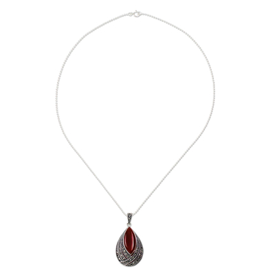 Onyx and marcasite pendant necklace, 'Scarlet Dance' - Red Onyx Pendant Necklace from Thailand