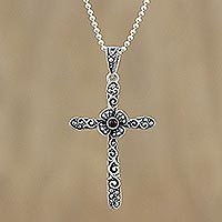 Onyx and marcasite pendant necklace, 'Victorian Cross' - Cross Pendant Necklace with Marcasite and Onyx