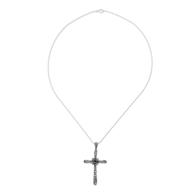 Onyx and marcasite pendant necklace, 'Victorian Cross' - Cross Pendant Necklace with Marcasite and Onyx