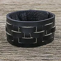 Leather wristband bracelet, 'Moto Chic in Black' - Black Leather Wristband Bracelet with Adjustable Length