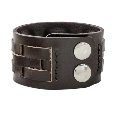 Leather wristband bracelet, 'Moto Chic in Brown' - Brown Leather Bracelet with Lattice Style Weaving
