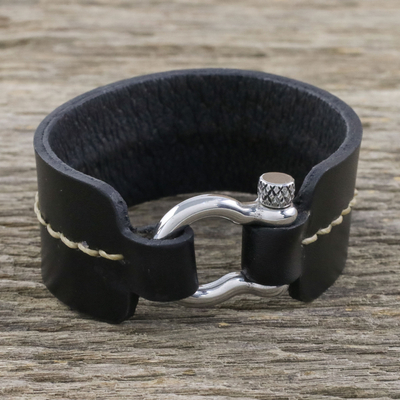 Leather wristband bracelet, 'Determined Spirit' - Thai Handmade Tan and Black Leather Wristband Bracelet