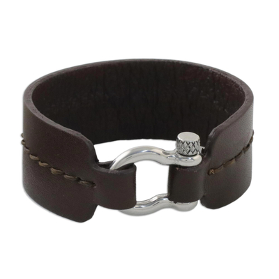 Leather wristband bracelet, 'Rugged Femme' - Rugged Women's Brown Leather Bracelet with Shackle Clasp