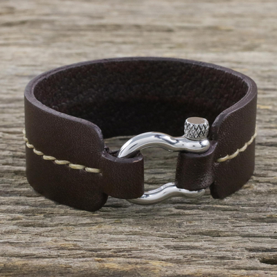 Leather wristband bracelet, 'Rustic Femme' - Women's Stylish Brown Leather Bracelet with Shackle Clasp