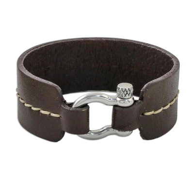 Leather wristband bracelet, 'Rustic Femme' - Women's Stylish Brown Leather Bracelet with Shackle Clasp