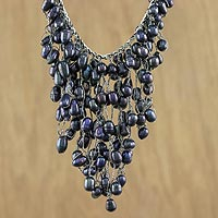 Cultured pearl pendant necklace, 'The Enchanting Dark'