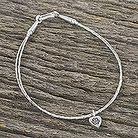 Silver charm bracelet, 'Heart and Charm' - Thai Karen Silver Beaded Bracelet with Heart Shaped Charm
