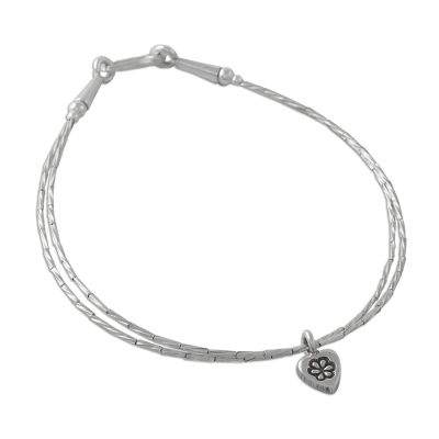 Silver charm bracelet, 'Heart and Charm' - Thai Karen Silver Beaded Bracelet with Heart Shaped Charm