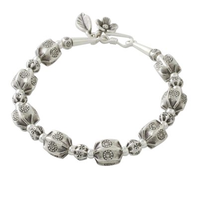 Silver beaded bracelet, 'Hill Tribe Pleats' - Artisan Crafted 950 Silver Beaded Bracelet from Thailand