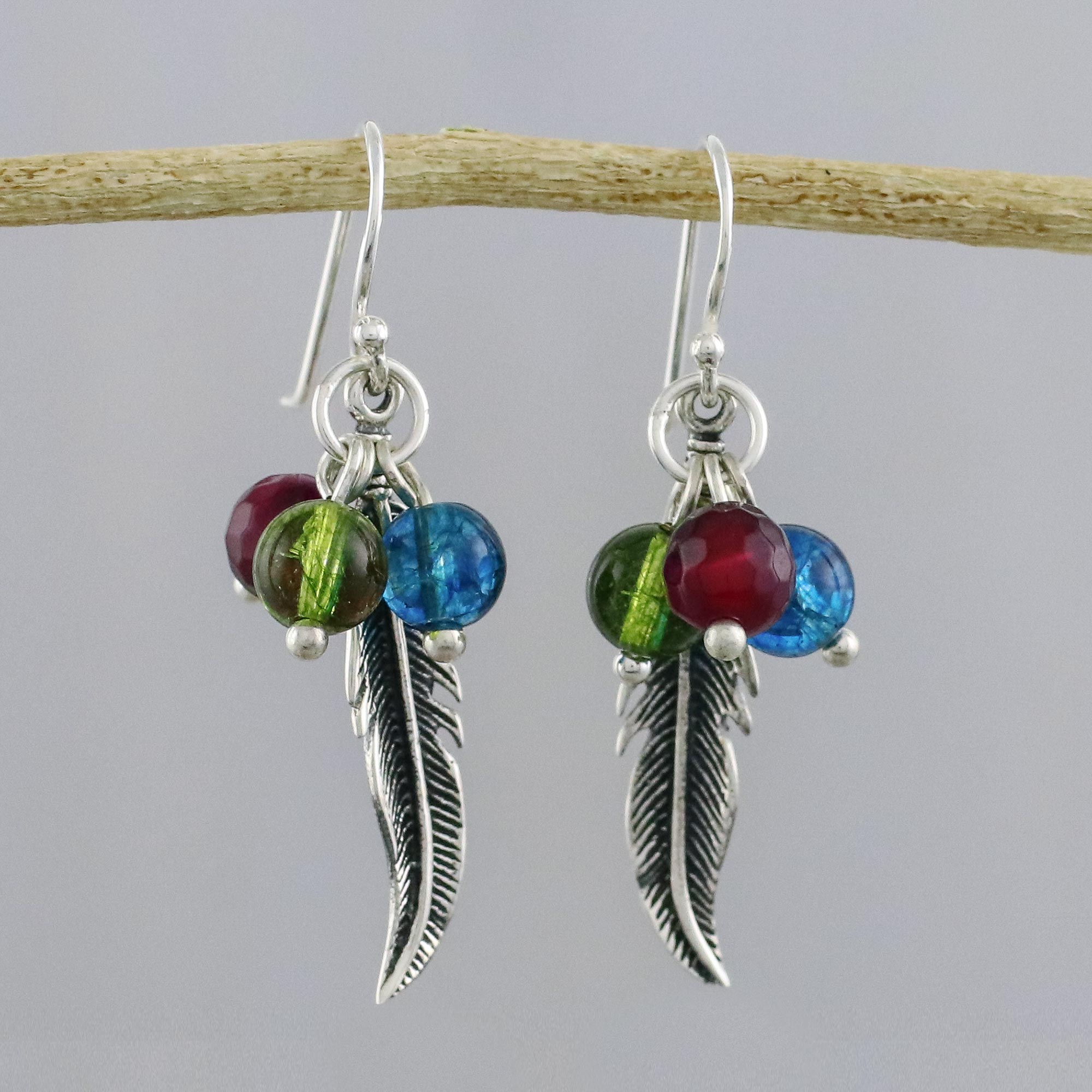 Multicolored Bead Sterling Silver Feather Dangle Earrings - Rainbow ...