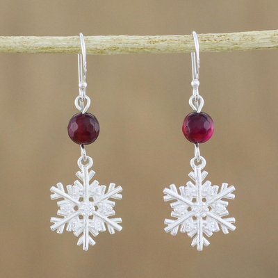 Chalcedony dangle earrings, 'Winter Wonderland' - Sterling Silver Snowflake Earrings with Chalcedony