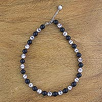 Onyx and ceramic beaded necklace, 'Night Lotus' - Beaded Ceramic and Black Onyx Strand Necklace