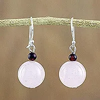 Pendientes colgantes de cuarzo rosa y granate - Aretes colgantes con cuentas de granate y cuarzo rosa